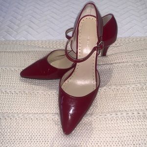 Burgundy, patent ,ankle strap ,pointy toe pumps,